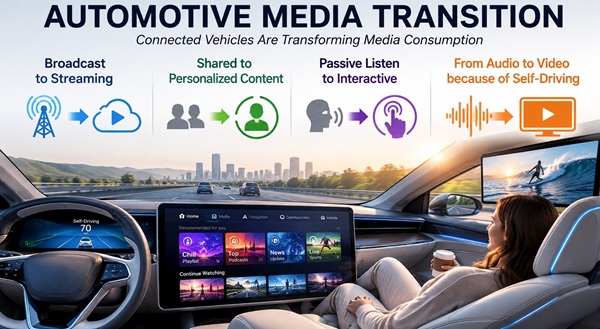 Automotive Media Transition - Broadcast, Streaming, Personalization, Interaction and Viewing during Self Driving